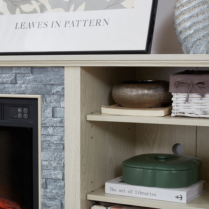 Mantel Electric Fireplace Stone TV Media Stand, Open Storage Modern Entertainment Console Space with 18" Fireplace Insert, White, 58.31"W*15.39"D*26.06"H