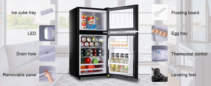 3.5Cu.Ft Compact Refrigerator Mini Fridge with Freezer, Small Refrigerator with 2 Door, 7 Level Thermostat Removable Shelves for Kitchen, Dorm, Apartment