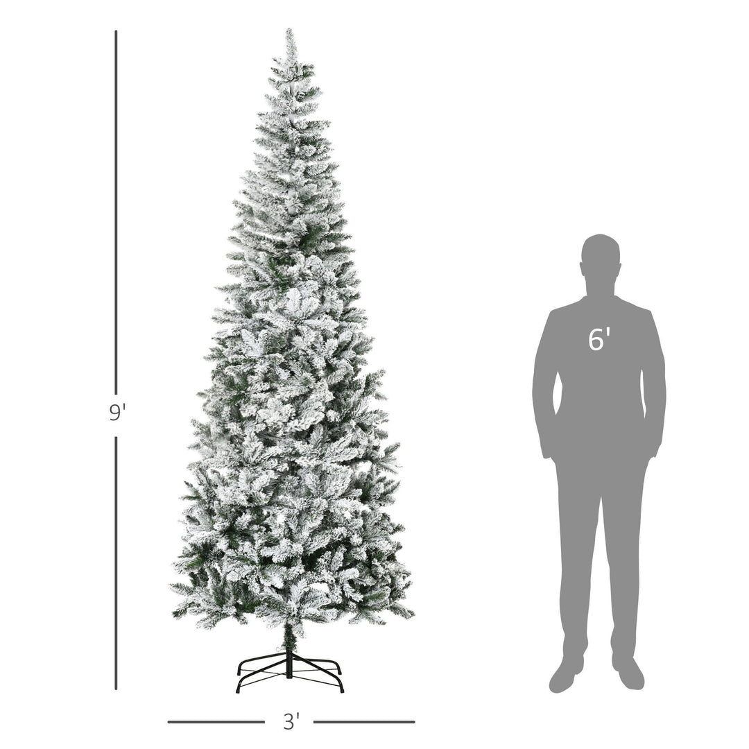 9 ft Unlit Snow-Flocked Slim Pine Artificial Christmas Tree with Realistic Branches and 1084 Tips