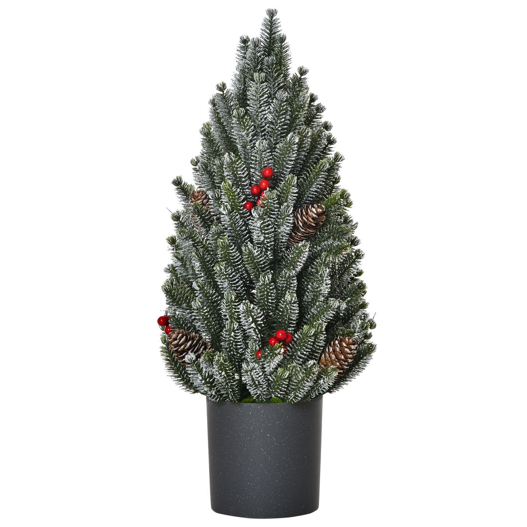 18 Inch Tall Unlit Miniature Snow-Flocked Tabletop Artificial Christmas Tree, Holiday Decoration with Pine Cones and Berries