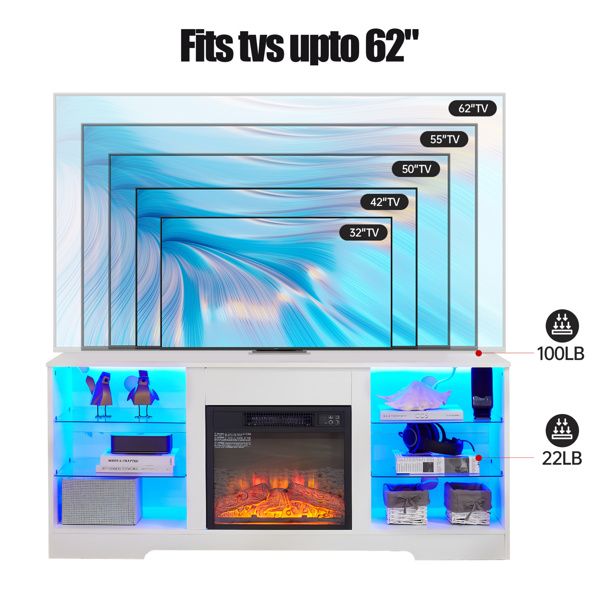 TV Stand Electric Fireplace Glass Shelves, 3D Fireplace TV Stand with LED Lights Wood with USB Charging Outlet Modern Television Table Center for TV up to 62" White, 58''W*15.5''D*24.4