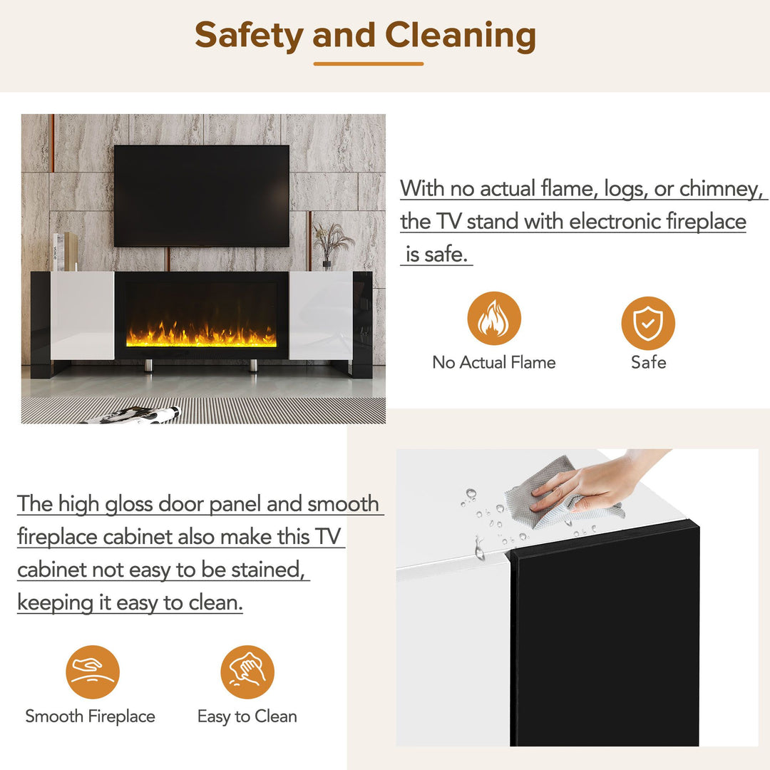 ON-TREND Modern TV Stand with 34.2" Non-heating Electric Fireplace, High Gloss Entertainment Center with 2 Cabinets, Media Console for TVs up to 78", Whit