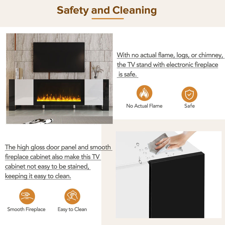 ON-TREND Modern TV Stand with 34.2" Non-heating Electric Fireplace, High Gloss Entertainment Center with 2 Cabinets, Media Console for TVs up to 78", Whit