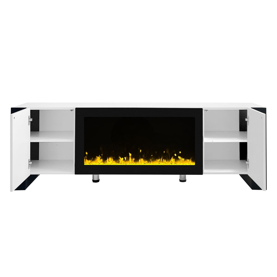 ON-TREND Modern TV Stand with 34.2" Non-heating Electric Fireplace, High Gloss Entertainment Center with 2 Cabinets, Media Console for TVs up to 78", Whit