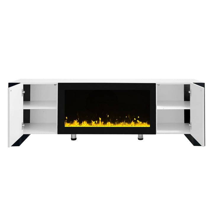 ON-TREND Modern TV Stand with 34.2" Non-heating Electric Fireplace, High Gloss Entertainment Center with 2 Cabinets, Media Console for TVs up to 78", Whit