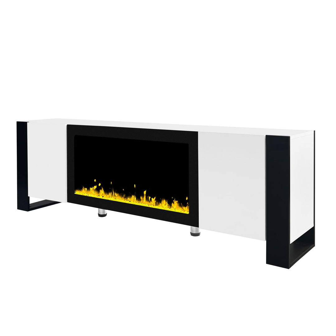 ON-TREND Modern TV Stand with 34.2" Non-heating Electric Fireplace, High Gloss Entertainment Center with 2 Cabinets, Media Console for TVs up to 78", Whit