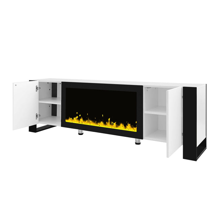 ON-TREND Modern TV Stand with 34.2" Non-heating Electric Fireplace, High Gloss Entertainment Center with 2 Cabinets, Media Console for TVs up to 78", Whit
