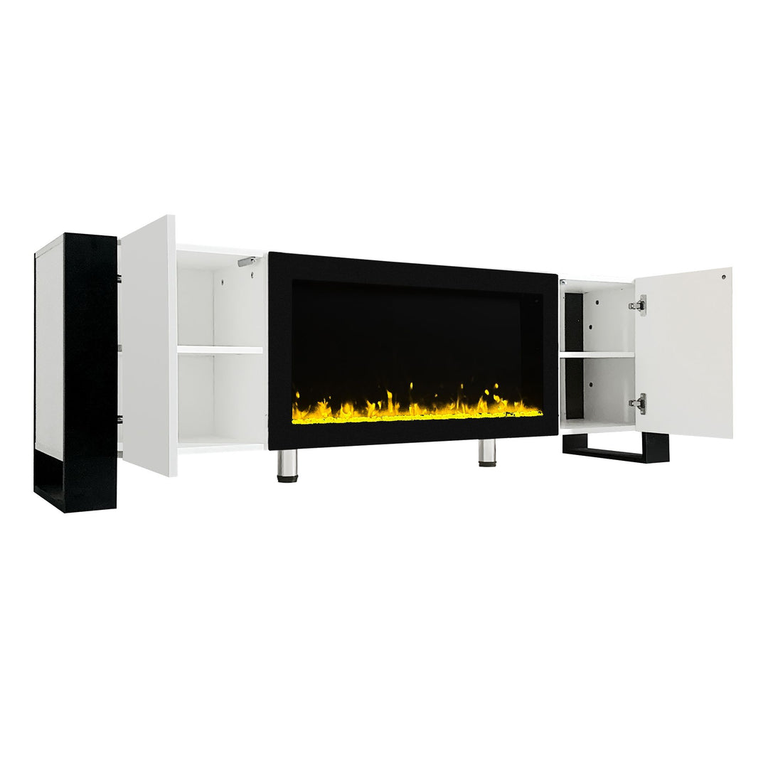 ON-TREND Modern TV Stand with 34.2" Non-heating Electric Fireplace, High Gloss Entertainment Center with 2 Cabinets, Media Console for TVs up to 78", Whit