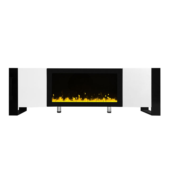 ON-TREND Modern TV Stand with 34.2" Non-heating Electric Fireplace, High Gloss Entertainment Center with 2 Cabinets, Media Console for TVs up to 78", Whit