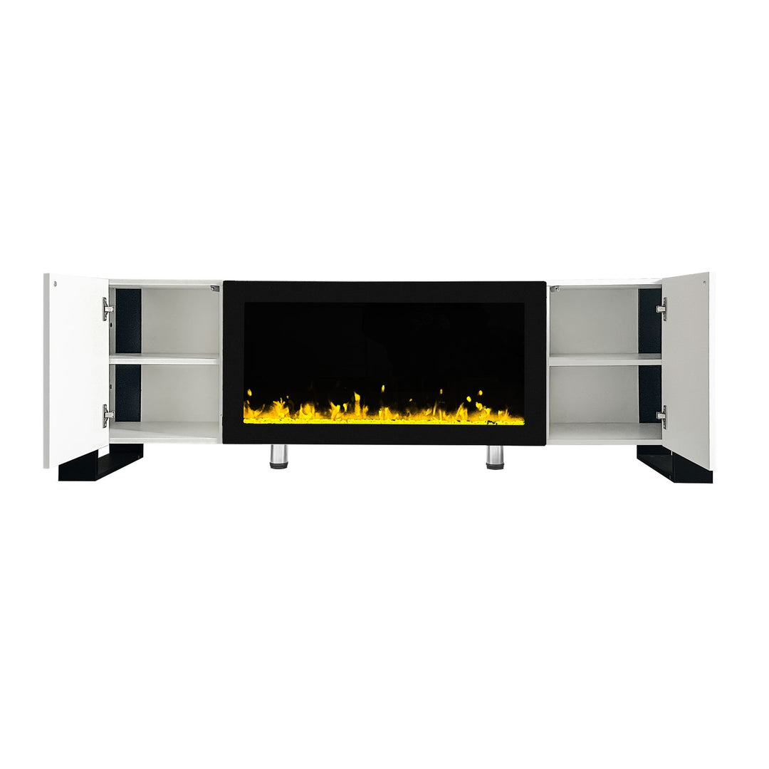 ON-TREND Modern TV Stand with 34.2" Non-heating Electric Fireplace, High Gloss Entertainment Center with 2 Cabinets, Media Console for TVs up to 78", Whit