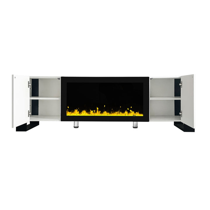 ON-TREND Modern TV Stand with 34.2" Non-heating Electric Fireplace, High Gloss Entertainment Center with 2 Cabinets, Media Console for TVs up to 78", Whit