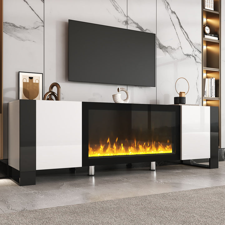 ON-TREND Modern TV Stand with 34.2" Non-heating Electric Fireplace, High Gloss Entertainment Center with 2 Cabinets, Media Console for TVs up to 78", Whit