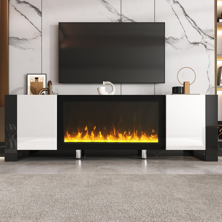 ON-TREND Modern TV Stand with 34.2" Non-heating Electric Fireplace, High Gloss Entertainment Center with 2 Cabinets, Media Console for TVs up to 78", Whit