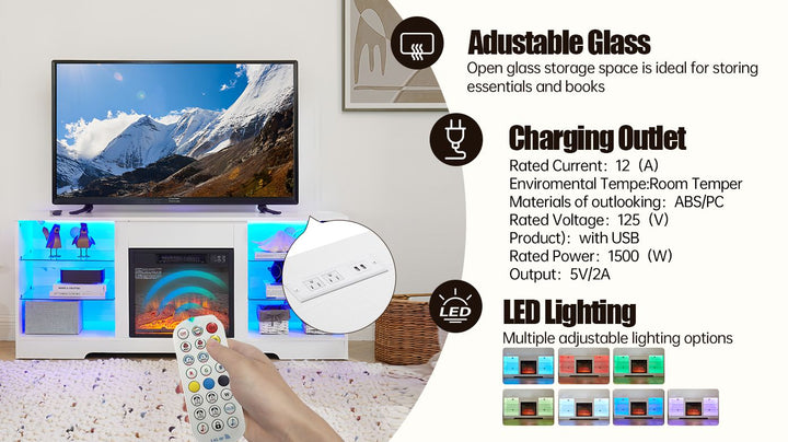 TV Stand Electric Fireplace TV Stand with Glass Shelves, 3D Fireplace TV Stand with LED Lights Wood with USB Charging Outlet Modern Television Table Center for TV up to 32-62" White 58''W*15.5''D*24.4