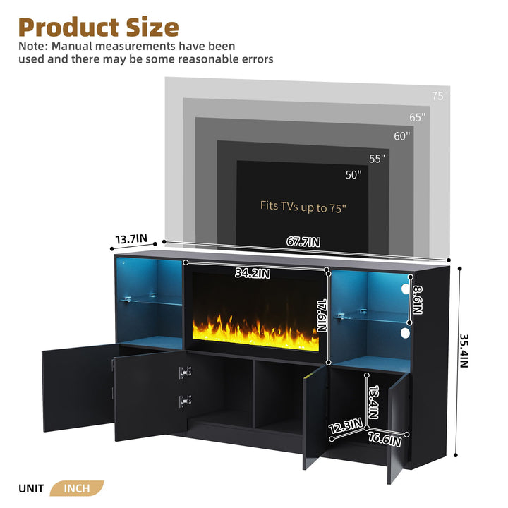 ON-TREND Modern TV Stand with 34.2" Non-heating Electric Fireplace, High Gloss Entertainment Center with LED Lights, Media Console with Tempered Glass Shelves for TVs up to 75", Black