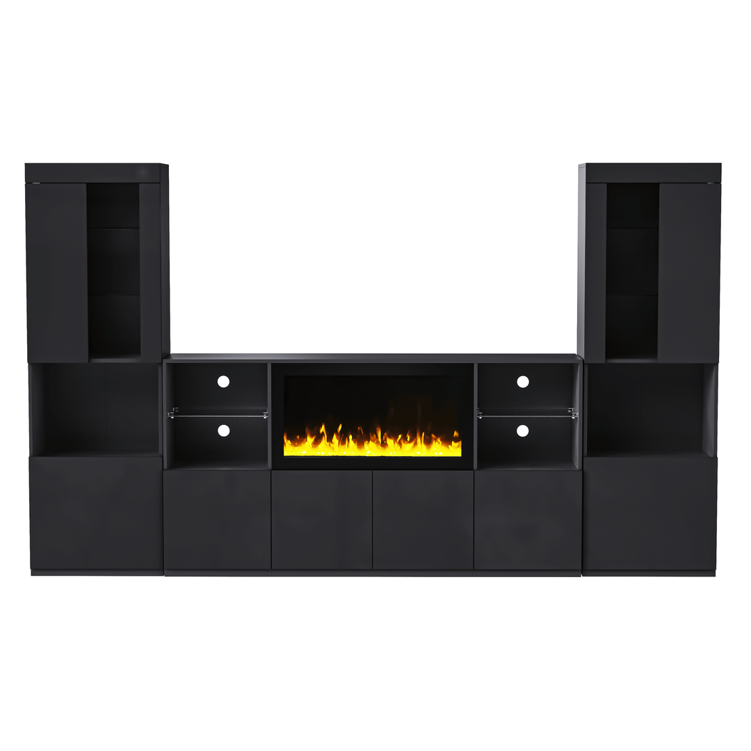 ON-TREND Modern TV Stand with 34.2" Non-heating Electric Fireplace, High Gloss Entertainment Center with LED Lights, Media Console with Tempered Glass Shelves for TVs up to 75", Black