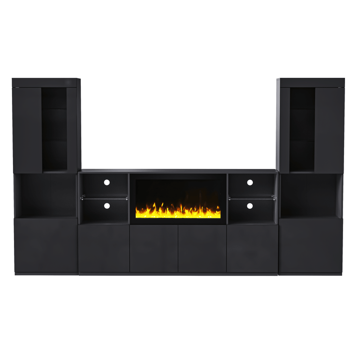 ON-TREND Modern TV Stand with 34.2" Non-heating Electric Fireplace, High Gloss Entertainment Center with LED Lights, Media Console with Tempered Glass Shelves for TVs up to 75", Black