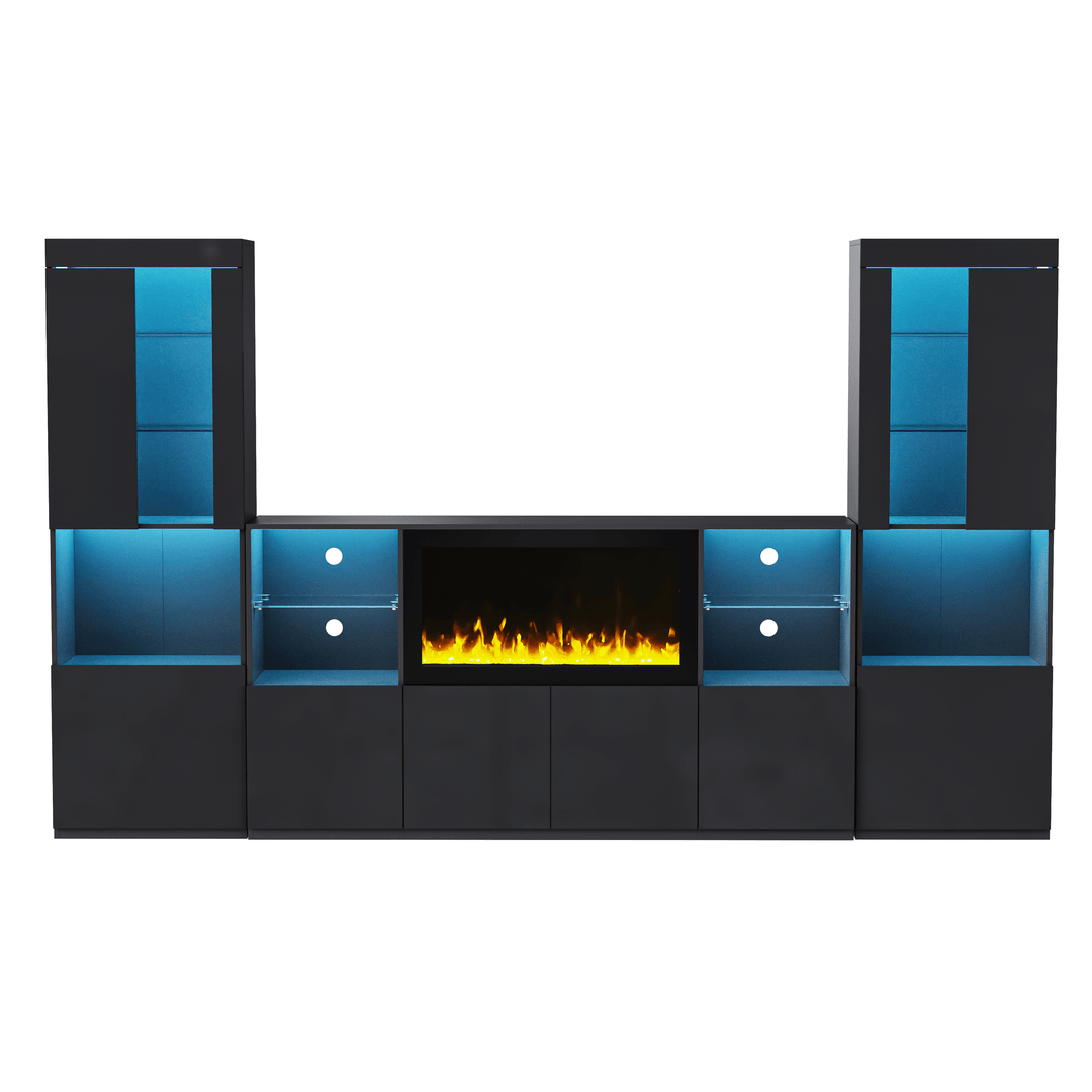 ON-TREND Modern TV Stand with 34.2" Non-heating Electric Fireplace, High Gloss Entertainment Center with LED Lights, Media Console with Tempered Glass Shelves for TVs up to 75", Black