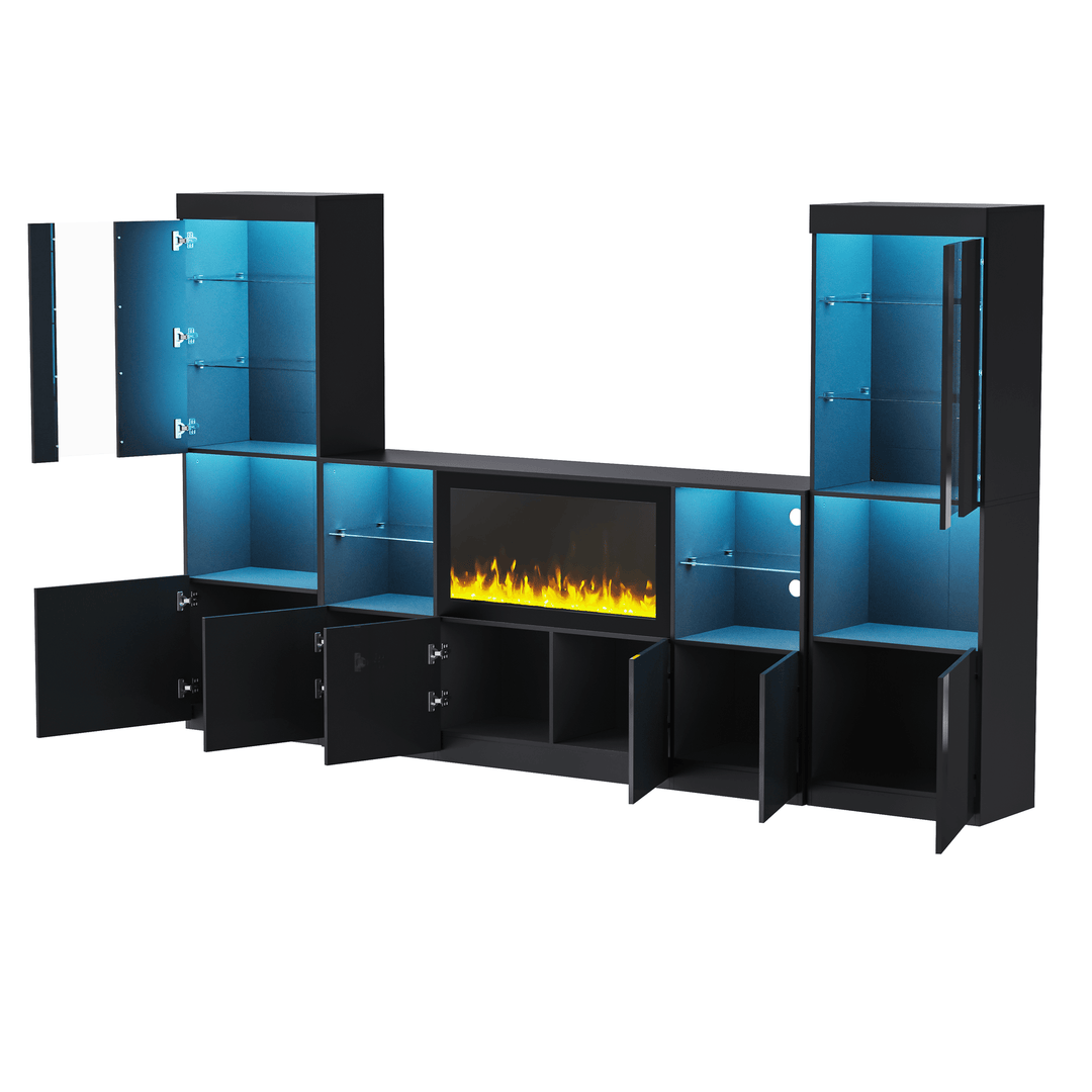 ON-TREND Modern TV Stand with 34.2" Non-heating Electric Fireplace, High Gloss Entertainment Center with LED Lights, Media Console with Tempered Glass Shelves for TVs up to 75", Black