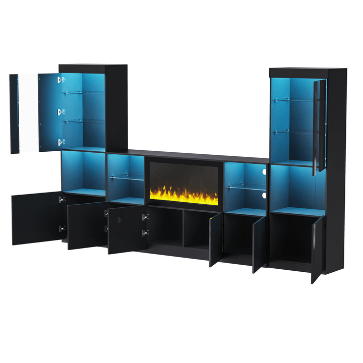 ON-TREND Modern TV Stand with 34.2" Non-heating Electric Fireplace, High Gloss Entertainment Center with LED Lights, Media Console with Tempered Glass Shelves for TVs up to 75", Black