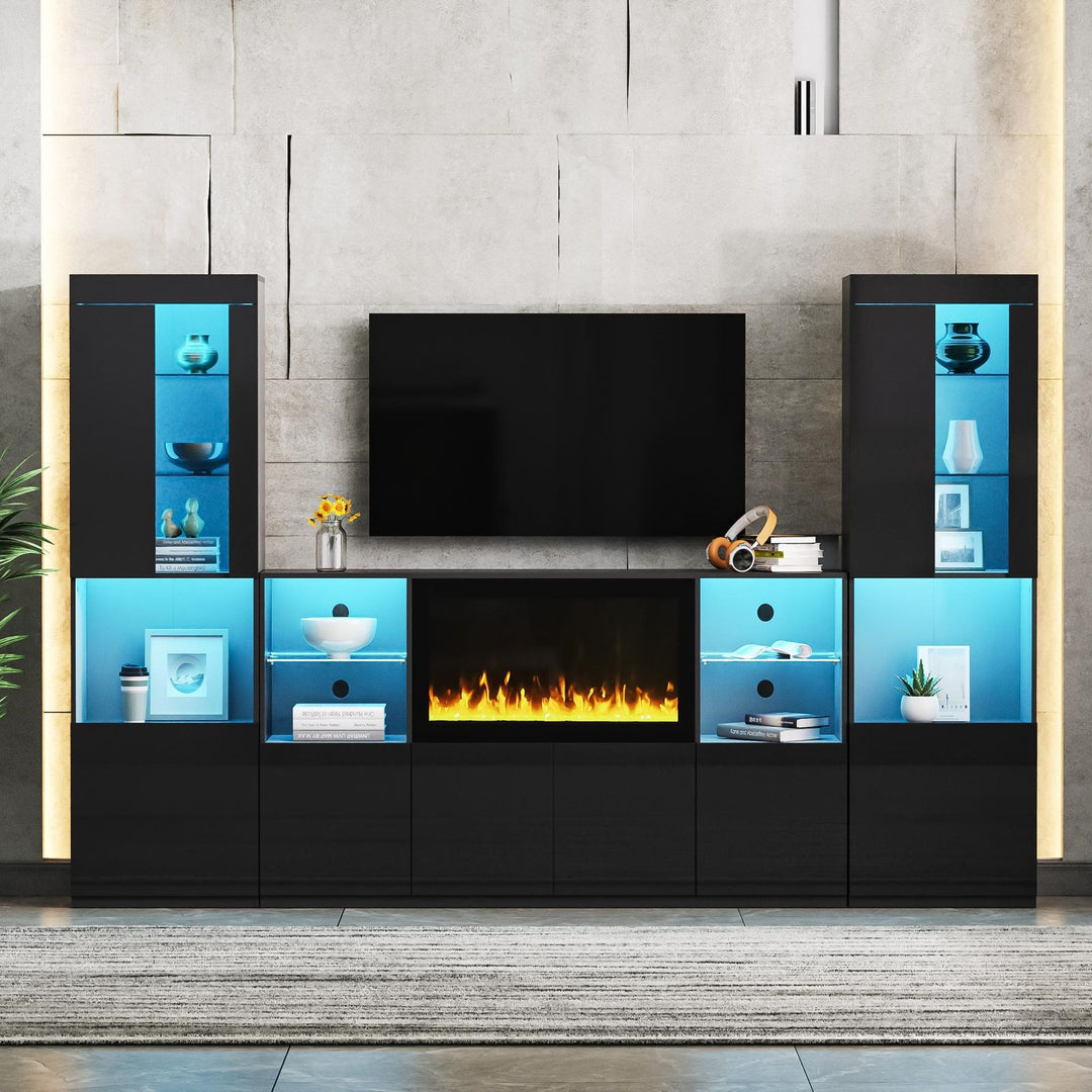 ON-TREND Modern TV Stand with 34.2" Non-heating Electric Fireplace, High Gloss Entertainment Center with LED Lights, Media Console with Tempered Glass Shelves for TVs up to 75", Black