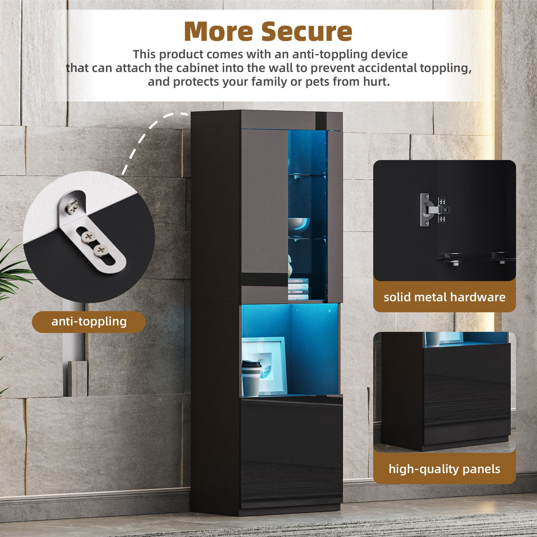 ON-TREND Modern TV Stand with 34.2" Non-heating Electric Fireplace, High Gloss Entertainment Center with LED Lights, Media Console with Tempered Glass Shelves for TVs up to 75", Black