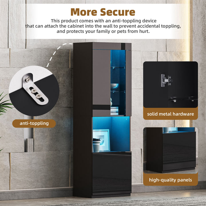 ON-TREND Modern TV Stand with 34.2" Non-heating Electric Fireplace, High Gloss Entertainment Center with LED Lights, Media Console with Tempered Glass Shelves for TVs up to 75", Black