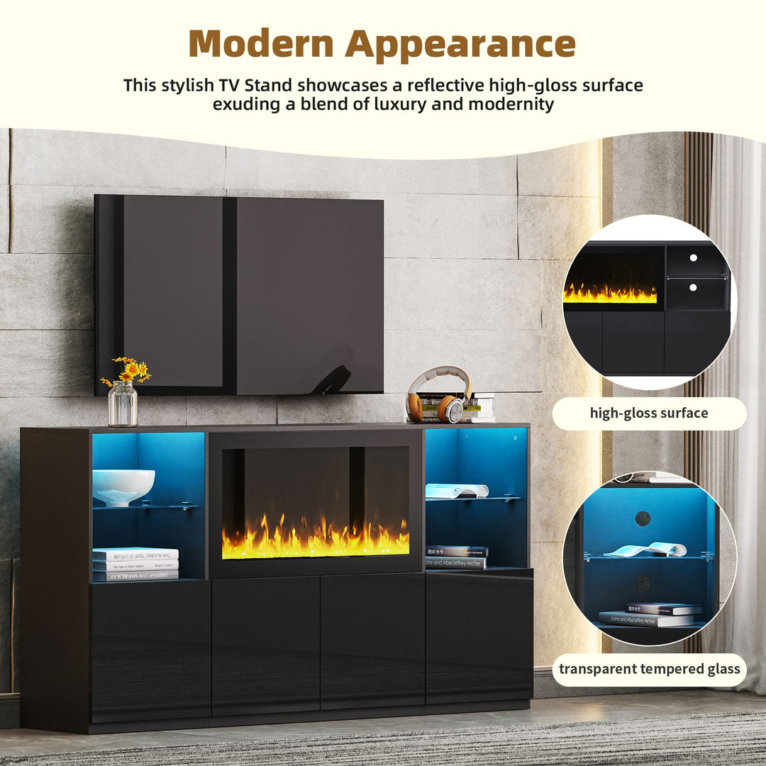 ON-TREND Modern TV Stand with 34.2" Non-heating Electric Fireplace, High Gloss Entertainment Center with LED Lights, Media Console with Tempered Glass Shelves for TVs up to 75", Black
