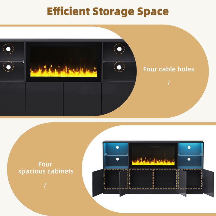 ON-TREND Modern TV Stand with 34.2" Non-heating Electric Fireplace, High Gloss Entertainment Center with LED Lights, Media Console with Tempered Glass Shelves for TVs up to 75", Black