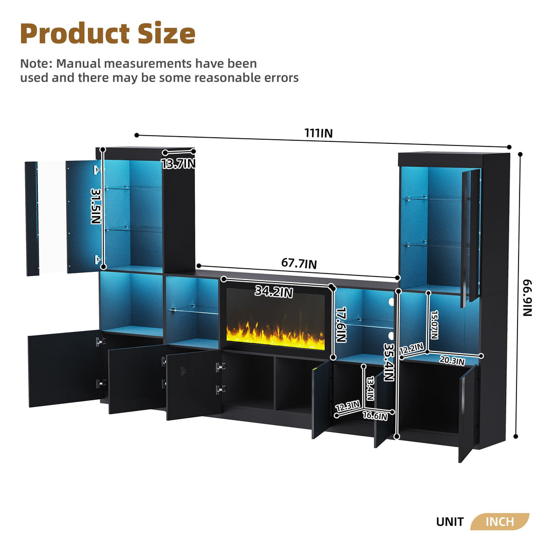 ON-TREND Modern TV Stand with 34.2" Non-heating Electric Fireplace, High Gloss Entertainment Center with LED Lights, Media Console with Tempered Glass Shelves for TVs up to 75", Black