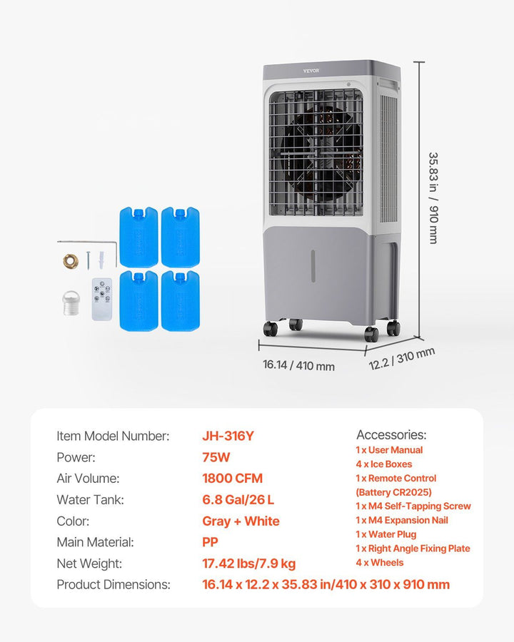 Evaporative Air Cooler 1800 CFM with 6.8 Gal Water Tank Portable Swamp Cooler