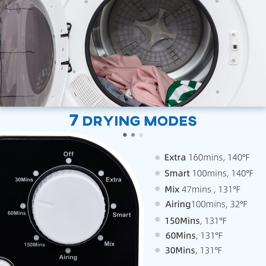 HOMCOM Compact Laundry Dryer Machine, 1300W, 3.22Cu. Ft. Electric Portable Clothes Dryer with 7 Drying Modes for Apartment or Dorm, White