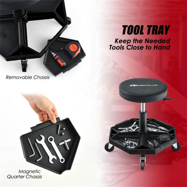 Black Heavy-Duty Adjustable Height Rolling Stool with Tool Tray – 330 lbs Capacity | Trufairs