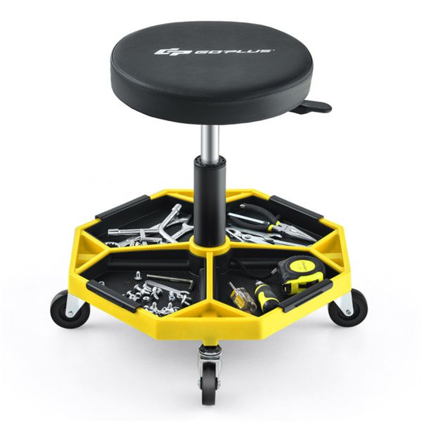 Yellow Heavy-Duty Adjustable Height Rolling Stool With Tool Tray Storage 330 LBS Capacity