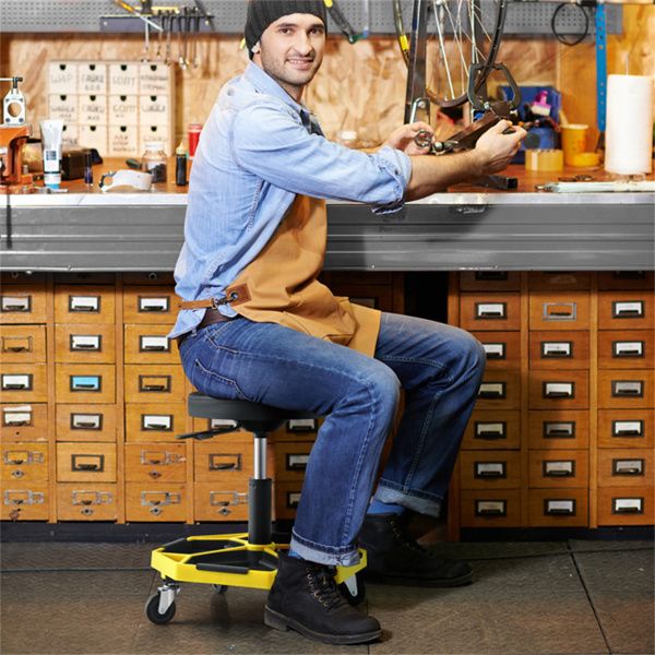 Yellow Heavy-Duty Adjustable Height Rolling Stool With Tool Tray Storage 330 LBS Capacity