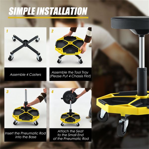 Yellow Heavy-Duty Adjustable Height Rolling Stool With Tool Tray Storage 330 LBS Capacity