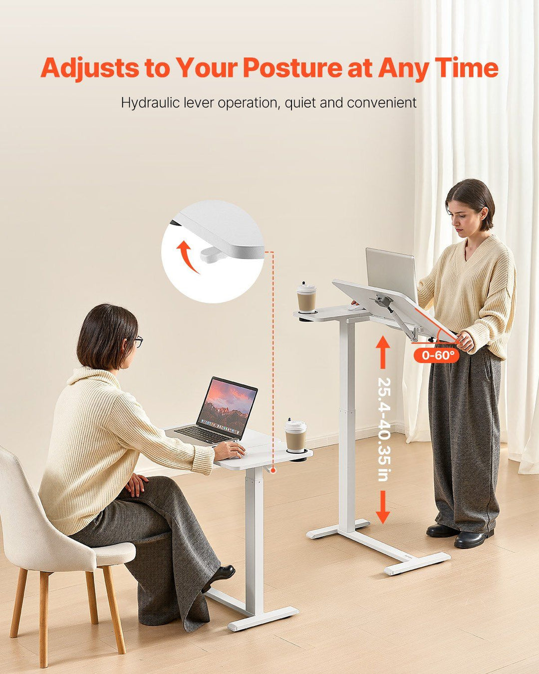 VEVOR Overbed Table, Mobile Bed Side Table with Flip Desktop and 4 Hidden Wheels, Height & Angle Adjustable Rolling Laptop Desk with Cup Holder, Portable Over Bed Desk for Home, Office, Study, White