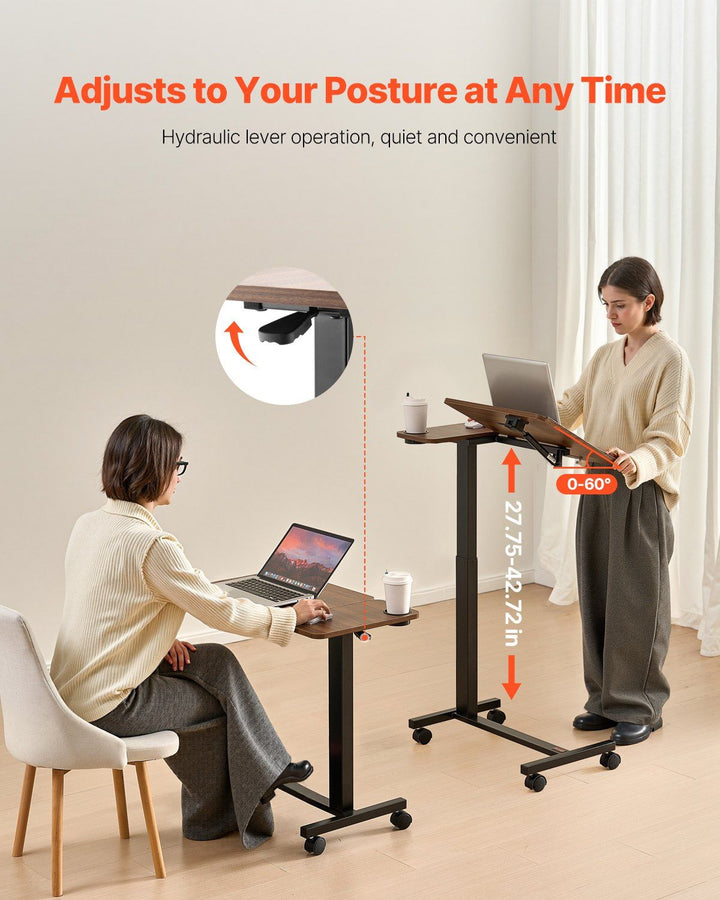 VEVOR Overbed Table, Mobile Bed Side Table with Flip Desktop and 4 Wheels, Height & Angle Adjustable Rolling Laptop Desk with Cup Holder, Portable Over Bed Desk for Home, Office, Study, Wood + Black