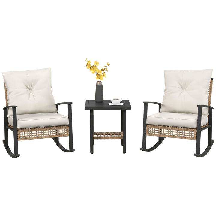 Outsunny 3 Pieces Bistro Set, Patio Wicker Furniture Set with Button Tufted Cushions, Rattan Rocking Chairs, Coffee Table, White