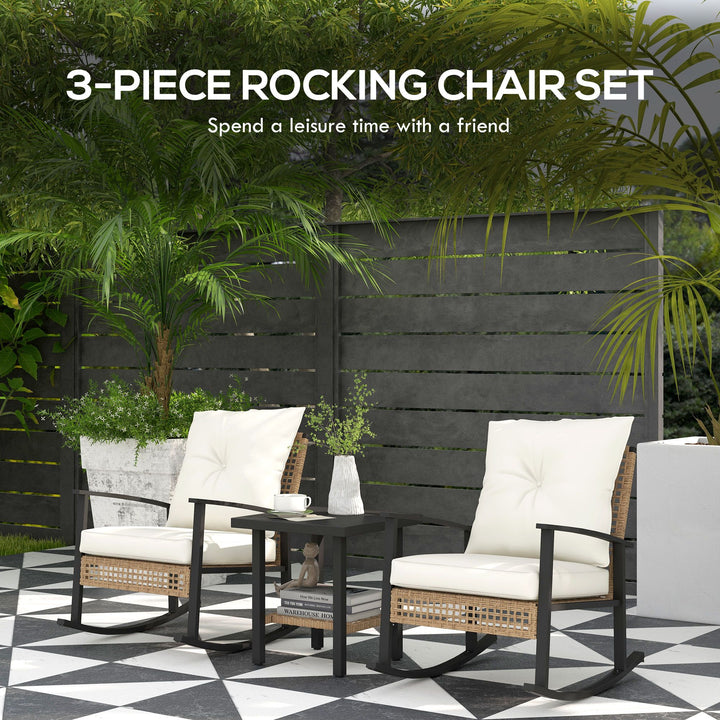 Outsunny 3 Pieces Bistro Set, Patio Wicker Furniture Set with Button Tufted Cushions, Rattan Rocking Chairs, Coffee Table, White