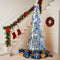 7 FT Snow Flocked Pre-lit Artificial Pop Up Christmas Tree with 200 Warm Lights and Blue & Silver Ornaments for Home Office Store Holiday Deco
