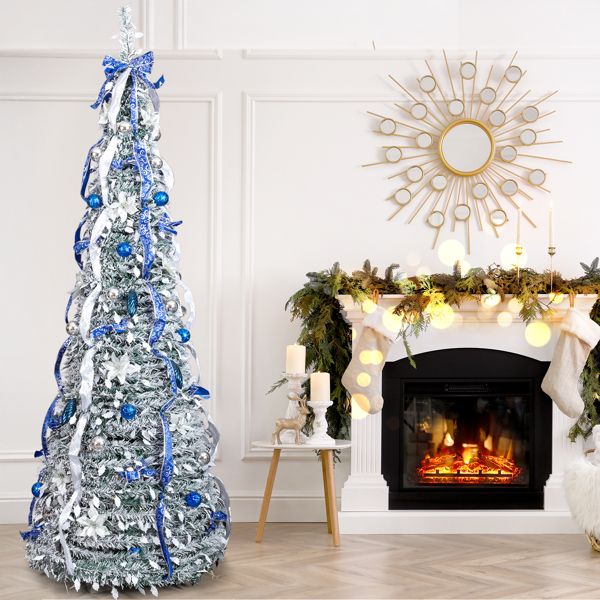 7 FT Snow Flocked Pre-lit Artificial Pop Up Christmas Tree with 200 Warm Lights and Blue & Silver Ornaments for Home Office Store Holiday Deco