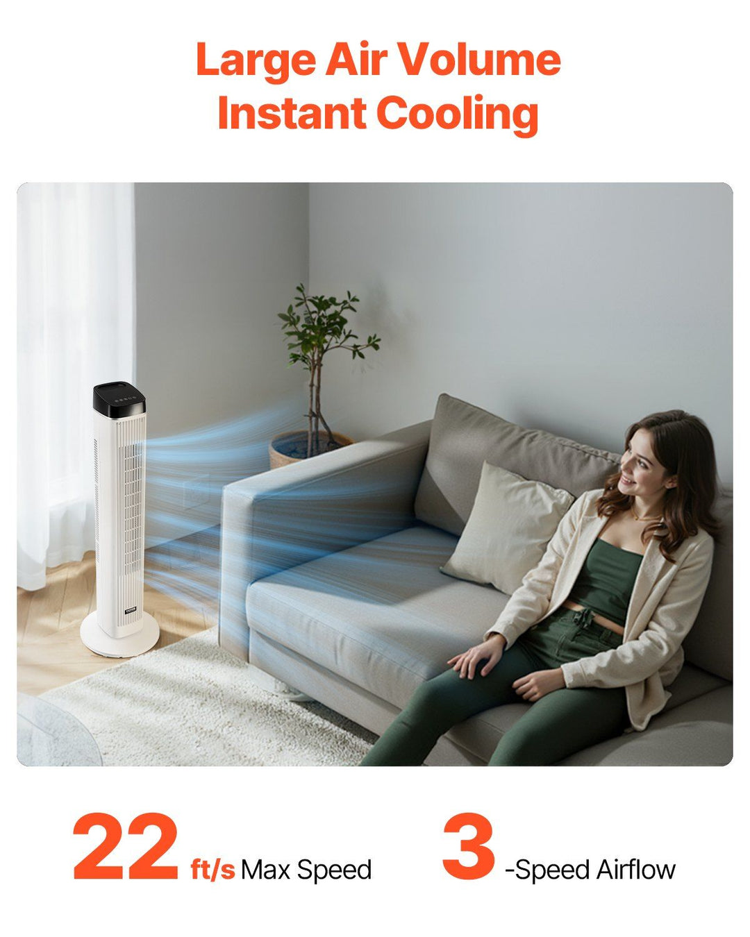 40" Oscillating Tower Fan 9H Timer 22 ft/s High Velocity with Remote Control