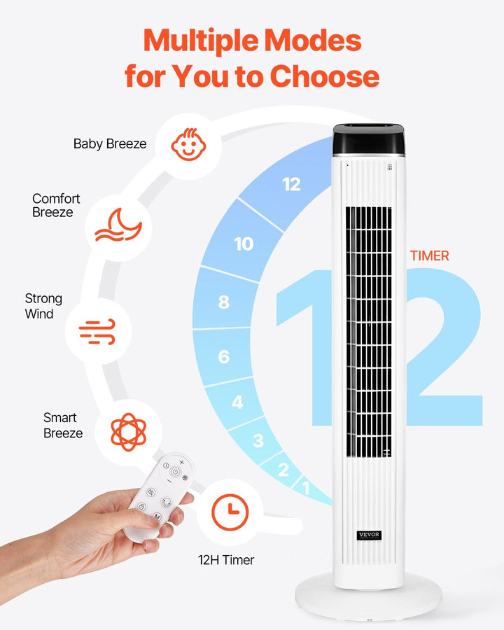 40" Oscillating Tower Fan 9H Timer 22 ft/s High Velocity with Remote Control