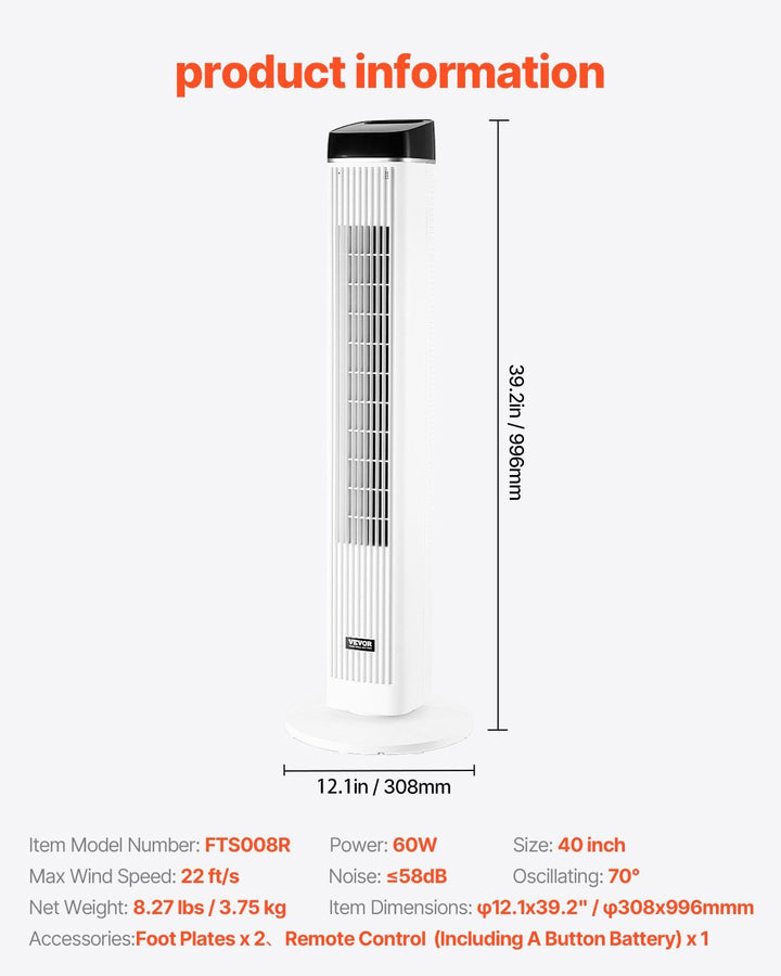 40" Oscillating Tower Fan 9H Timer 22 ft/s High Velocity with Remote Control