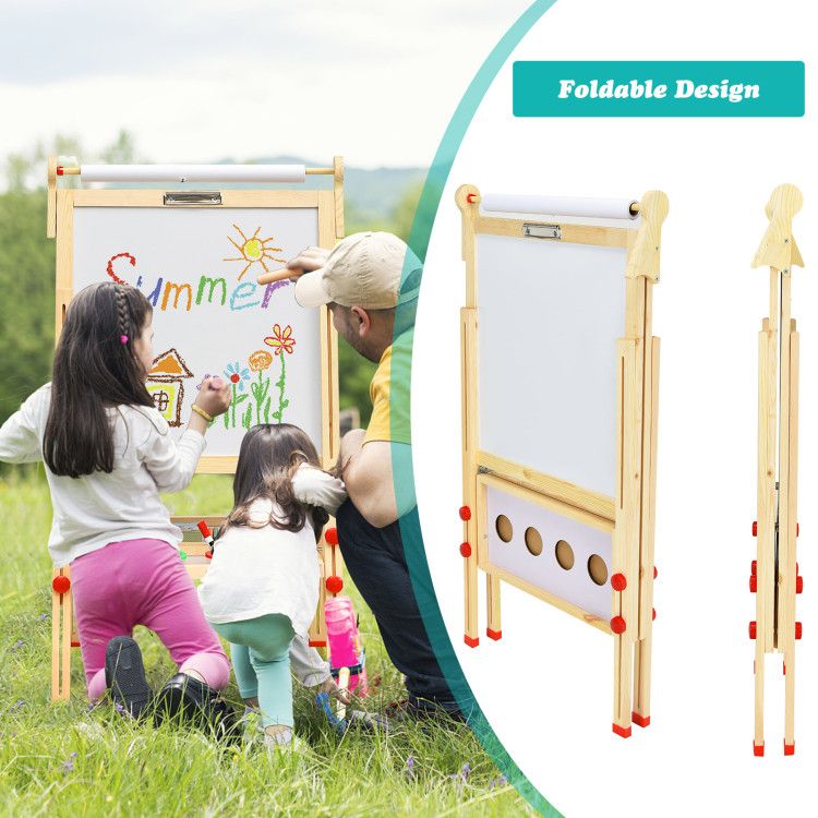 Kids Art Easel with Paper Roll Double-Sided Regulable Drawing Easel Plank