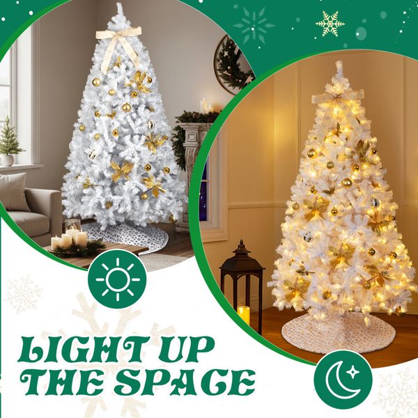 7.5 FT Artificial Christmas Tree with DIY 400 Warm White LED Lights, Hinged Xmas Pine Tree with Tree Skirt and Holiday Ornaments for Holiday Party Office Home, White Tree & Golden Decor