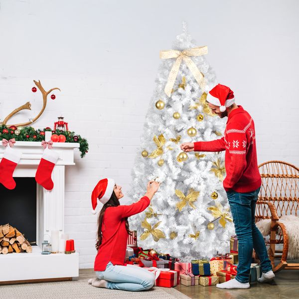 7.5 FT Artificial Christmas Tree with DIY 400 Warm White LED Lights, Hinged Xmas Pine Tree with Tree Skirt and Holiday Ornaments for Holiday Party Office Home, White Tree & Golden Decor