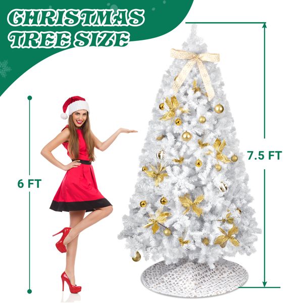 7.5 FT Artificial Christmas Tree with DIY 400 Warm White LED Lights, Hinged Xmas Pine Tree with Tree Skirt and Holiday Ornaments for Holiday Party Office Home, White Tree & Golden Decor
