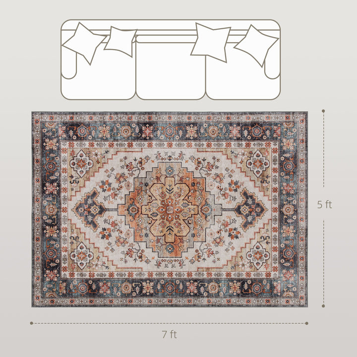HOMCOM Area Rug 5x7, Machine Washable Rug, Non-Slip Boho Print Pattern Medallion Carpet for Living Room, Bedroom, Tawny Brown